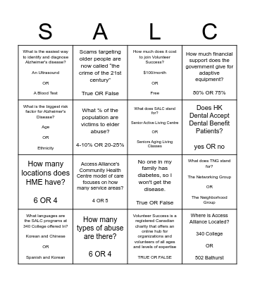 Senior Active Living Centre Bingo Card