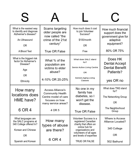 Senior Active Living Centre Bingo Card