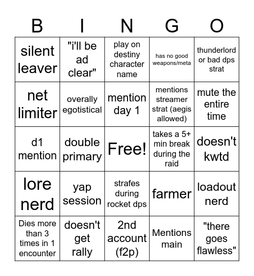 Destiny 2 Lfg Bingo Card