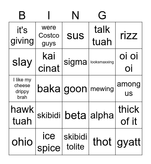 brainrot Bingo Card