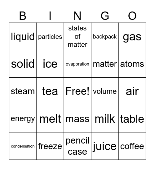 Science - Matter Bingo Card