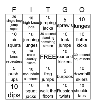 Fitness Bingo Card