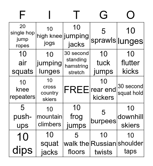 Fitness Bingo Card