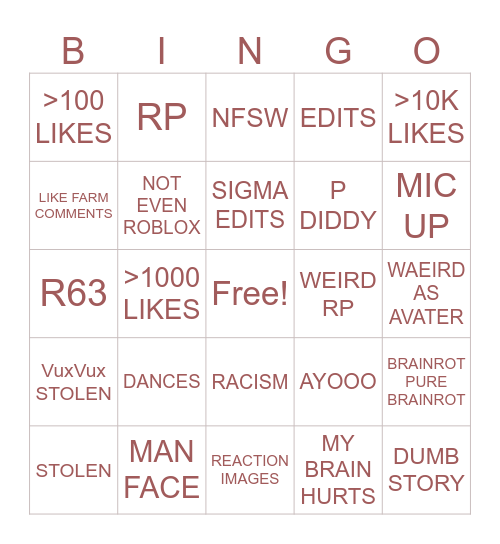 ROBLOX YTS Bingo Card