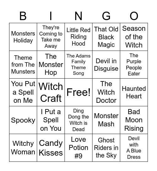 Halloween Music Bingo Card