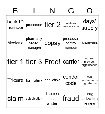 Pharmacy Insurance Terms Bingo Card