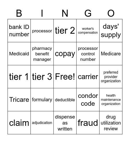 Pharmacy Insurance Terms Bingo Card