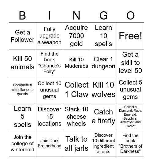 Skyrim Bingo Card