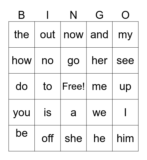 Sight Word Bingo Card