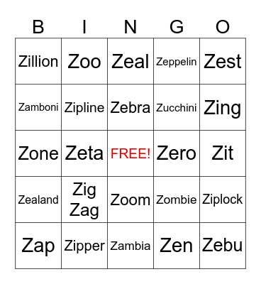 Initial /z/ Sounds Bingo Card