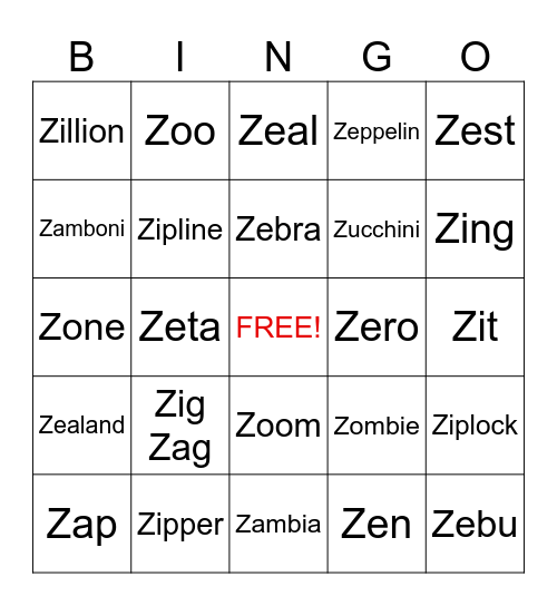 Initial /z/ Sounds Bingo Card