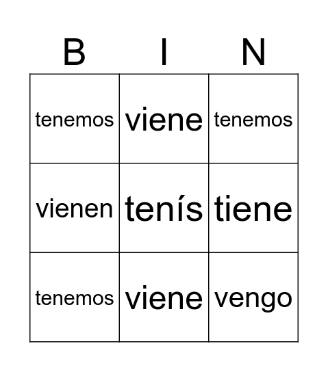 Tener y Venir Bingo Card