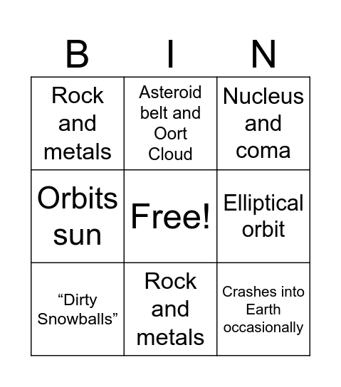 Asteroids, Meteors, and Comets Bingo Card