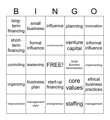 C 6/7 Entrepreneurship and SBM/Mngt and Leadership Bingo Card
