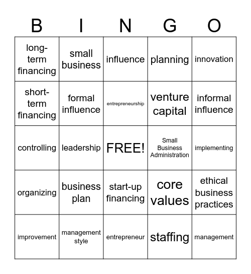 C 6/7 Entrepreneurship and SBM/Mngt and Leadership Bingo Card