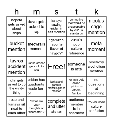 homestuck panel bingo Card