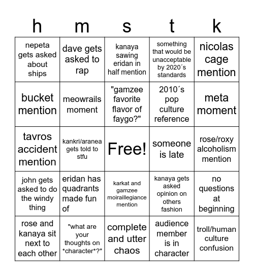 homestuck panel bingo Card