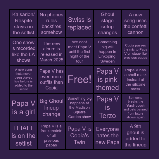 Ghost Tour 2025 Predicitons Bingo Card