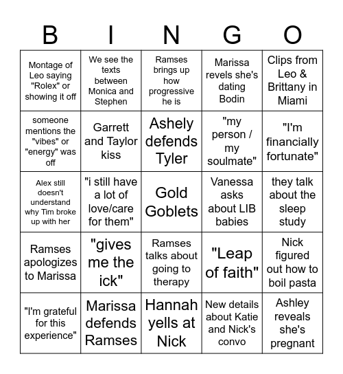 Kathy&Jake Love is Blind Season 7 Reunion Bingo Card