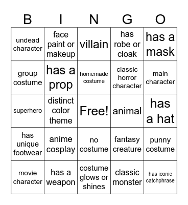 Costume Bingo Card