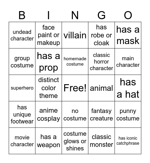 Costume Bingo Card