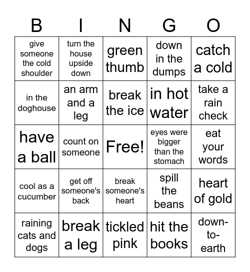 Idioms Bingo Card