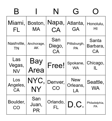 Goal Cities Bingo Card