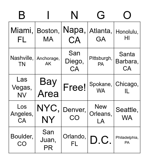 Goal Cities Bingo Card