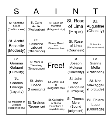 Saints BINGO Card