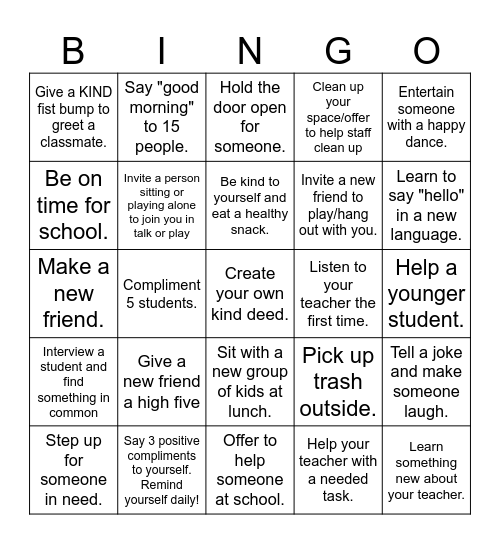 Kindness Bingo Card