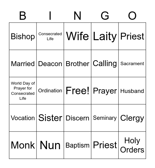 Vocations Bingo Card