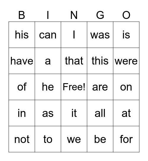 Instant Words 1-40 Bingo Card