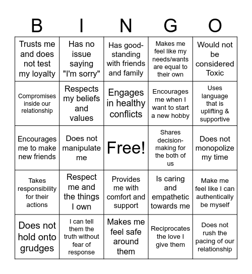 Helathy Relationships Bingo Card