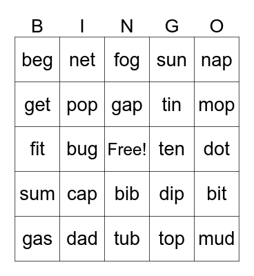 Short Vowels Bingo Card