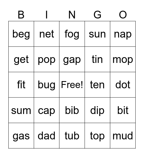 Short Vowels Bingo Card