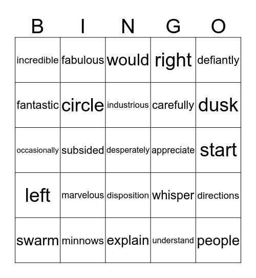 VOCABULARY Bingo Card