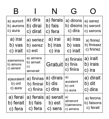 futur simple et conditionnel présent Bingo Card