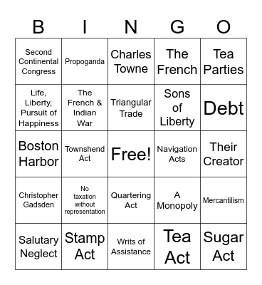 Unit 4 American Revolution Bingo Card