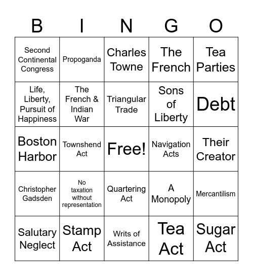 Unit 4 American Revolution Bingo Card