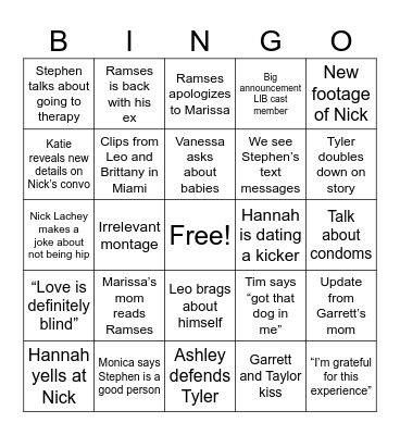 Love is Blind Bingo Card