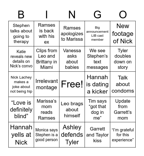 Love is Blind Bingo Card