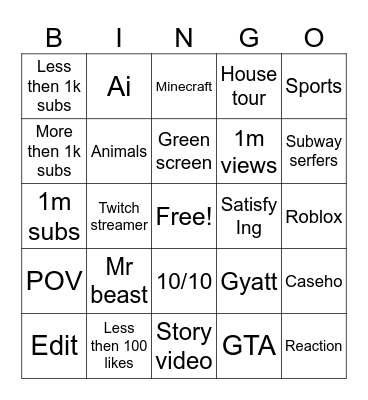 YouTube shorts Bingo Card