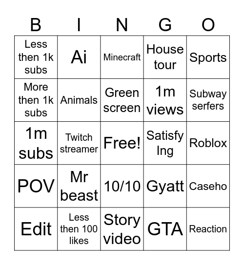 YouTube shorts Bingo Card