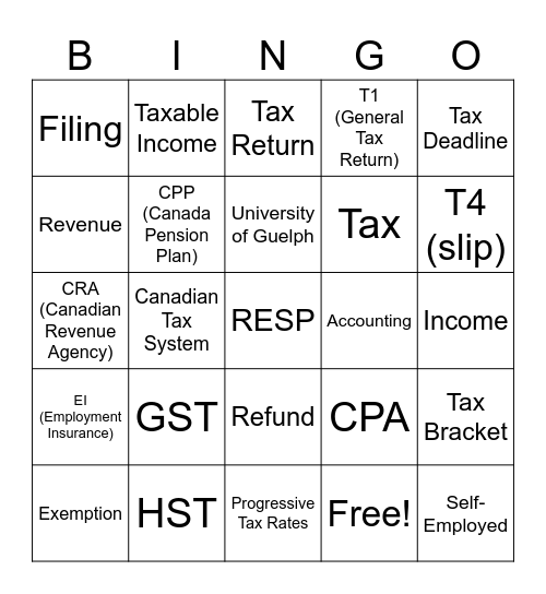 The Canadian Tax System Bingo Card