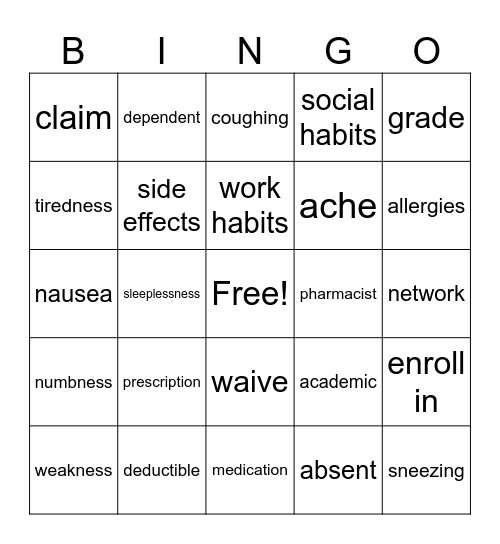 Vocabulary Bingo 4B Bingo Card