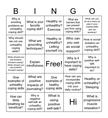 Coping Skills Bingo Card