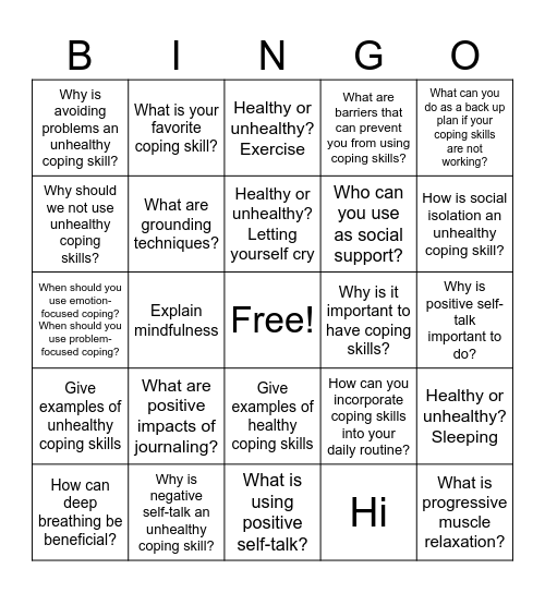 Coping Skills Bingo Card