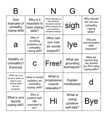 Coping Skills Bingo Card