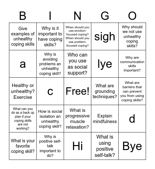 Coping Skills Bingo Card