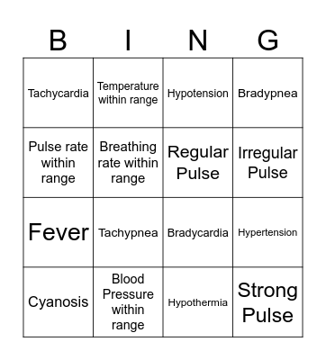 Vital Signs Bingo Card